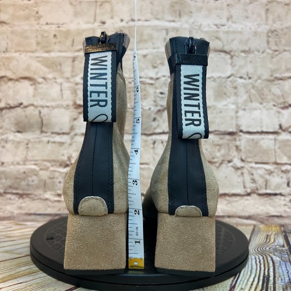 Winter Womens Tan Square Block Heel Zip Knit Trim Ankle Boots Booties Size 41 - Picture 3 of 9